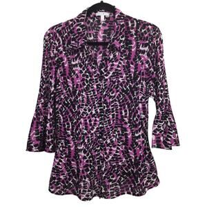 Fashion Bug Vintage Split Neck 3/4 Bell Sleeve Pleated Retro Semi Sheer Blouse L